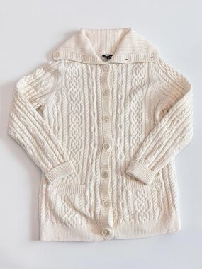 Talbots Cable Knit Button Front Cardigan Sweater Ivory Women's Medium Petite